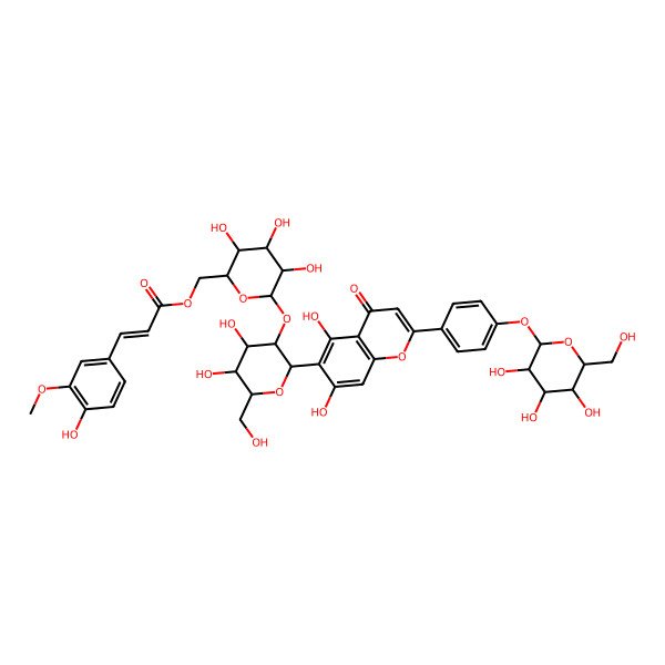 2D Structure of [(2R,3S,4S,5R,6S)-6-[(2S,3R,4S,5S,6S)-2-[5,7-dihydroxy-4-oxo-2-[4-[(2S,3R,4S,5S,6R)-3,4,5-trihydroxy-6-(hydroxymethyl)oxan-2-yl]oxyphenyl]chromen-6-yl]-4,5-dihydroxy-6-(hydroxymethyl)oxan-3-yl]oxy-3,4,5-trihydroxyoxan-2-yl]methyl (E)-3-(4-hydroxy-3-methoxyphenyl)prop-2-enoate