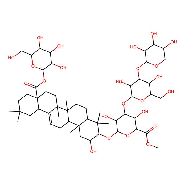 2D Structure of methyl (2S,3S,4S,5R,6R)-6-[[(2S,3R,4aR,6aR,6bS,8aS,12aS,14aR,14bR)-2-hydroxy-4,4,6a,6b,11,11,14b-heptamethyl-8a-[(2S,3R,4S,5S,6R)-3,4,5-trihydroxy-6-(hydroxymethyl)oxan-2-yl]oxycarbonyl-1,2,3,4a,5,6,7,8,9,10,12,12a,14,14a-tetradecahydropicen-3-yl]oxy]-4-[(2S,3R,4S,5S,6R)-3,5-dihydroxy-6-(hydroxymethyl)-4-[(2S,3R,4S,5R)-3,4,5-trihydroxyoxan-2-yl]oxyoxan-2-yl]oxy-3,5-dihydroxyoxane-2-carboxylate