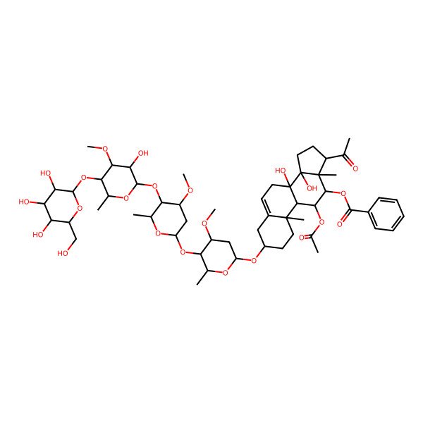 2D Structure of [(3S,8S,9S,10R,11S,12S,13S,14R,17R)-17-acetyl-11-acetyloxy-8,14-dihydroxy-3-[(2R,4S,5R,6R)-5-[(2S,4S,5R,6R)-5-[(2S,3R,4S,5R,6R)-3-hydroxy-4-methoxy-6-methyl-5-[(2S,3R,4S,5S,6R)-3,4,5-trihydroxy-6-(hydroxymethyl)oxan-2-yl]oxyoxan-2-yl]oxy-4-methoxy-6-methyloxan-2-yl]oxy-4-methoxy-6-methyloxan-2-yl]oxy-10,13-dimethyl-2,3,4,7,9,11,12,15,16,17-decahydro-1H-cyclopenta[a]phenanthren-12-yl] benzoate