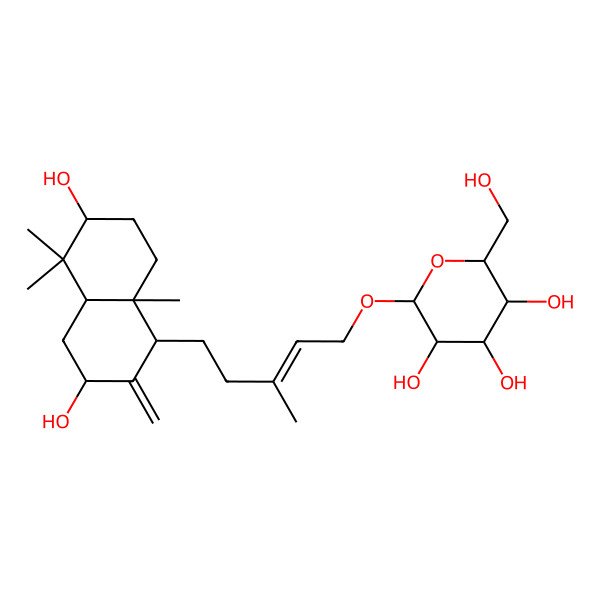 2D Structure of 2-[5-(3,6-dihydroxy-5,5,8a-trimethyl-2-methylidene-3,4,4a,6,7,8-hexahydro-1H-naphthalen-1-yl)-3-methylpent-2-enoxy]-6-(hydroxymethyl)oxane-3,4,5-triol