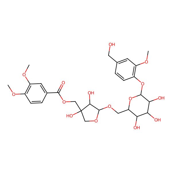 2D Structure of [3,4-Dihydroxy-5-[[3,4,5-trihydroxy-6-[4-(hydroxymethyl)-2-methoxyphenoxy]oxan-2-yl]methoxy]oxolan-3-yl]methyl 3,4-dimethoxybenzoate