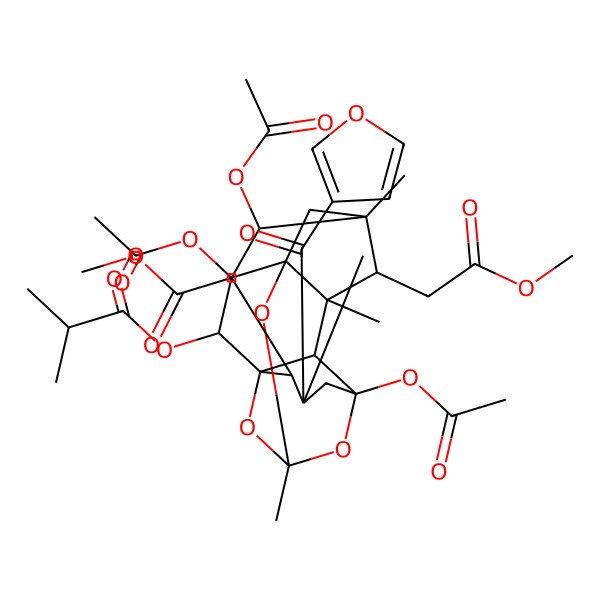 2D Structure of [(1R,2R,3R,4S,6S,7S,8R,10R,12R,14R,15R,18S)-6,7,12-triacetyloxy-14-(furan-3-carbonyl)-4,15-bis(2-methoxy-2-oxoethyl)-3,5,10,14-tetramethyl-9,11,16-trioxahexacyclo[8.5.1.11,7.15,8.02,12.03,8]octadecan-18-yl] 2-methylpropanoate