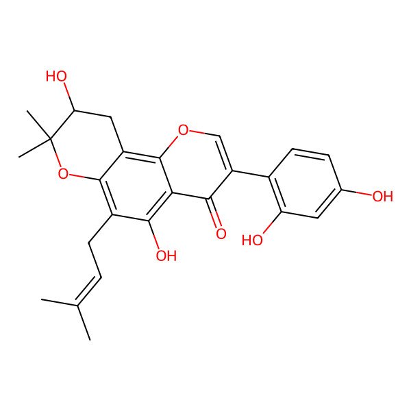 2D Structure of (9R)-3-(2,4-dihydroxyphenyl)-5,9-dihydroxy-8,8-dimethyl-6-(3-methylbut-2-enyl)-9,10-dihydropyrano[2,3-h]chromen-4-one