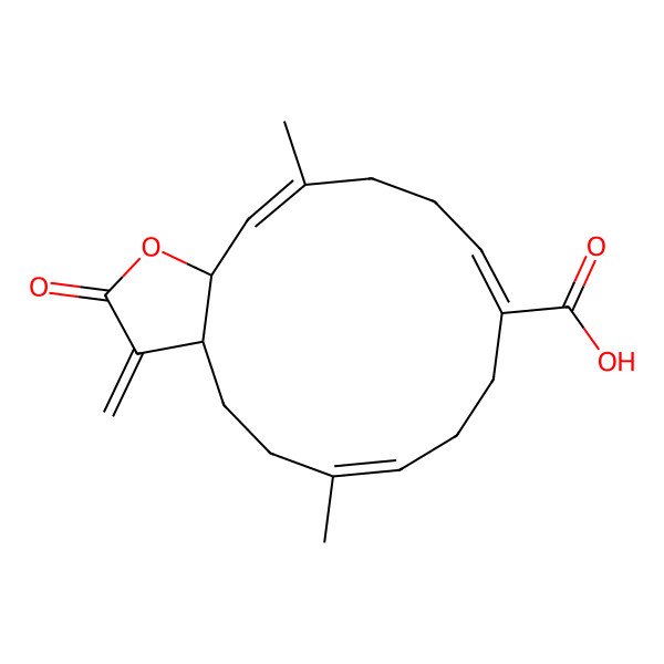 2D Structure of (3aR,6E,10Z,14E,15aR)-6,14-dimethyl-3-methylidene-2-oxo-3a,4,5,8,9,12,13,15a-octahydrocyclotetradeca[b]furan-10-carboxylic acid
