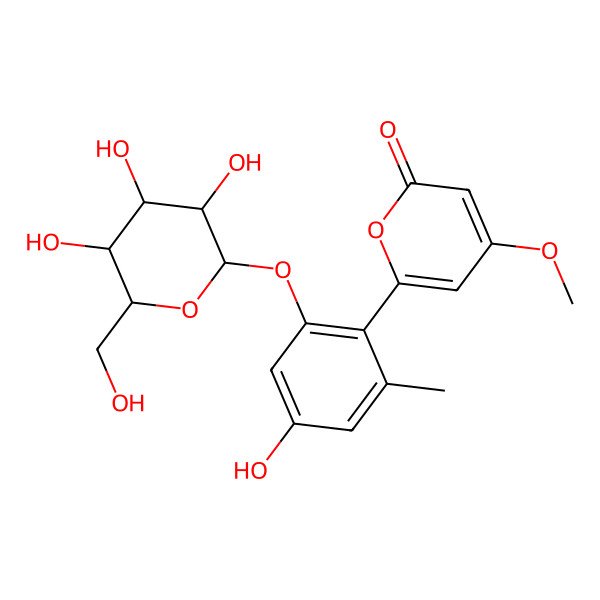 2D Structure of 6-[4-hydroxy-2-methyl-6-[(2R,3R,4S,5S,6R)-3,4,5-trihydroxy-6-(hydroxymethyl)oxan-2-yl]oxyphenyl]-4-methoxypyran-2-one