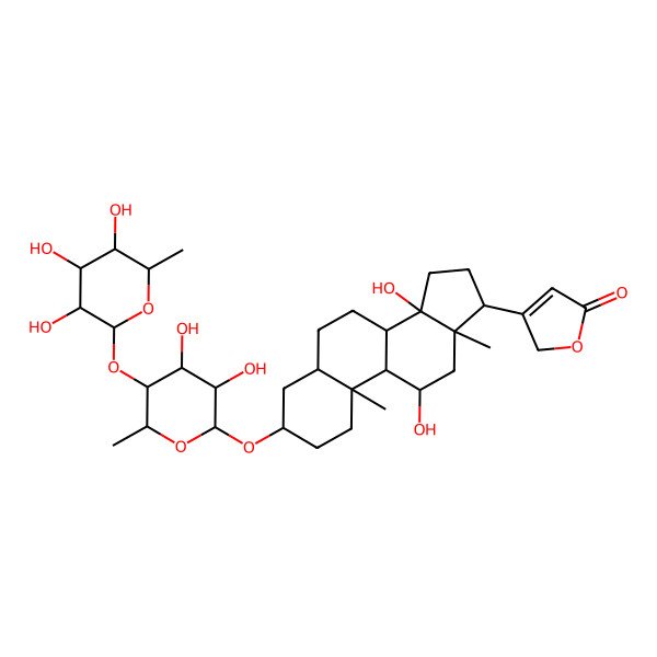 2D Structure of 3-[3-[3,4-dihydroxy-6-methyl-5-(3,4,5-trihydroxy-6-methyloxan-2-yl)oxyoxan-2-yl]oxy-11,14-dihydroxy-10,13-dimethyl-1,2,3,4,5,6,7,8,9,11,12,15,16,17-tetradecahydrocyclopenta[a]phenanthren-17-yl]-2H-furan-5-one
