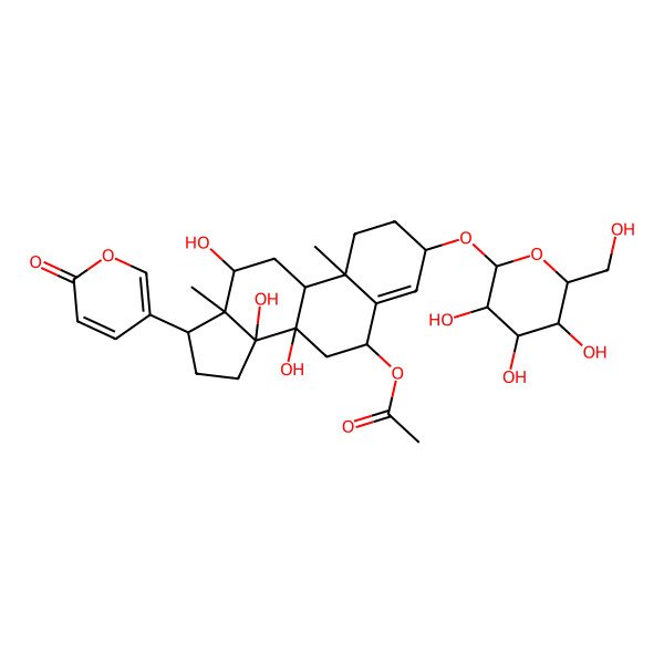 2D Structure of [(3S,6R,8S,9R,10R,12R,13S,14R,17R)-8,12,14-trihydroxy-10,13-dimethyl-17-(6-oxopyran-3-yl)-3-[(2R,3R,4S,5S,6R)-3,4,5-trihydroxy-6-(hydroxymethyl)oxan-2-yl]oxy-2,3,6,7,9,11,12,15,16,17-decahydro-1H-cyclopenta[a]phenanthren-6-yl] acetate