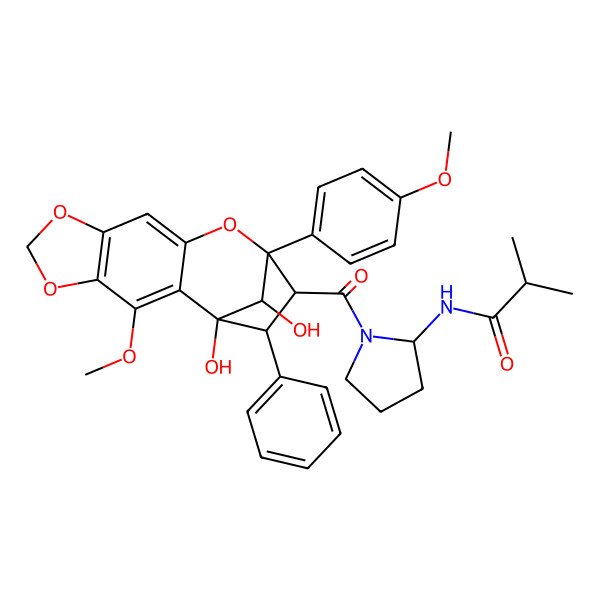 2D Structure of N-[1-[1,15-dihydroxy-3-methoxy-12-(4-methoxyphenyl)-14-phenyl-5,7,11-trioxatetracyclo[10.2.1.02,10.04,8]pentadeca-2,4(8),9-triene-13-carbonyl]pyrrolidin-2-yl]-2-methylpropanamide