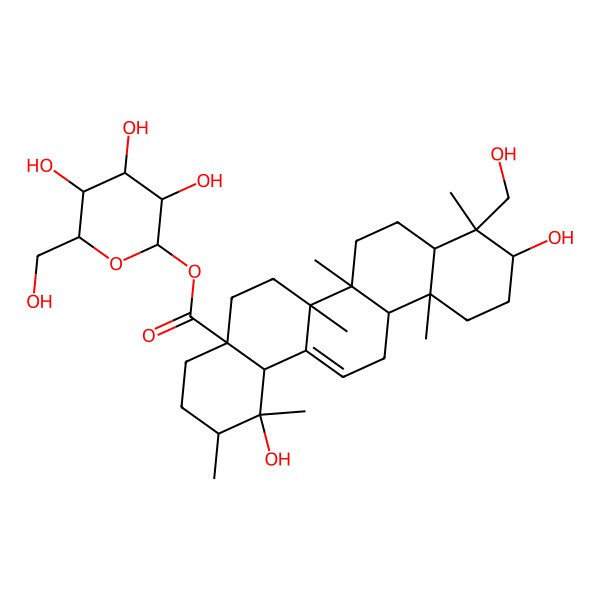 2D Structure of [(2S,3R,4S,5S,6R)-3,4,5-trihydroxy-6-(hydroxymethyl)oxan-2-yl] (1R,2R,4aS,6aR,6aS,6bR,8aR,9R,10S,12aR,14bR)-1,10-dihydroxy-9-(hydroxymethyl)-1,2,6a,6b,9,12a-hexamethyl-2,3,4,5,6,6a,7,8,8a,10,11,12,13,14b-tetradecahydropicene-4a-carboxylate