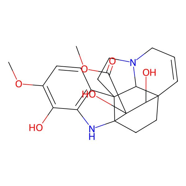 2D Structure of Methyl 4,17,18-trihydroxy-5-methoxy-2,12-diazahexacyclo[14.2.2.19,12.01,9.03,8.016,21]henicosa-3(8),4,6,14-tetraene-18-carboxylate