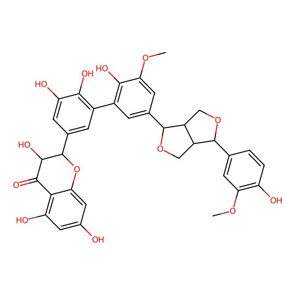 2D Structure of 2-[3,4-Dihydroxy-5-[2-hydroxy-5-[3-(4-hydroxy-3-methoxyphenyl)-1,3,3a,4,6,6a-hexahydrofuro[3,4-c]furan-6-yl]-3-methoxyphenyl]phenyl]-3,5,7-trihydroxy-2,3-dihydrochromen-4-one