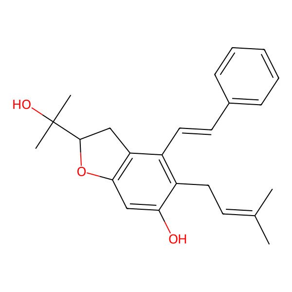2D Structure of (2S)-2-(2-hydroxypropan-2-yl)-5-(3-methylbut-2-enyl)-4-[(Z)-2-phenylethenyl]-2,3-dihydro-1-benzofuran-6-ol