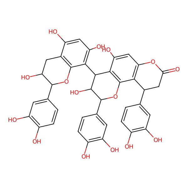 2D Structure of 2,10-bis(3,4-dihydroxyphenyl)-4-[2-(3,4-dihydroxyphenyl)-3,5,7-trihydroxy-3,4-dihydro-2H-chromen-8-yl]-3,5-dihydroxy-3,4,9,10-tetrahydro-2H-pyrano[2,3-h]chromen-8-one