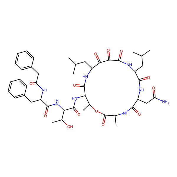 2D Structure of N-(phenylacetyl)-L-phenylalanyl-N-[(3R,6S,9S,14S,17S,18R)-6-(2-amino-2-oxoethyl)-3,18-dimethyl-9,14-bis(2-methylpropyl)-2,5,8,11,12,13,16-heptaoxo-1-oxa-4,7,10,15-tetraazacyclooctadecan-17-yl]-L-threoninamide