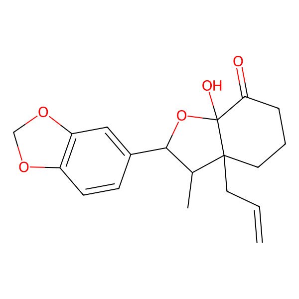 2D Structure of (2S,3S,3aR,7aS)-2-(1,3-benzodioxol-5-yl)-7a-hydroxy-3-methyl-3a-prop-2-enyl-3,4,5,6-tetrahydro-2H-1-benzofuran-7-one