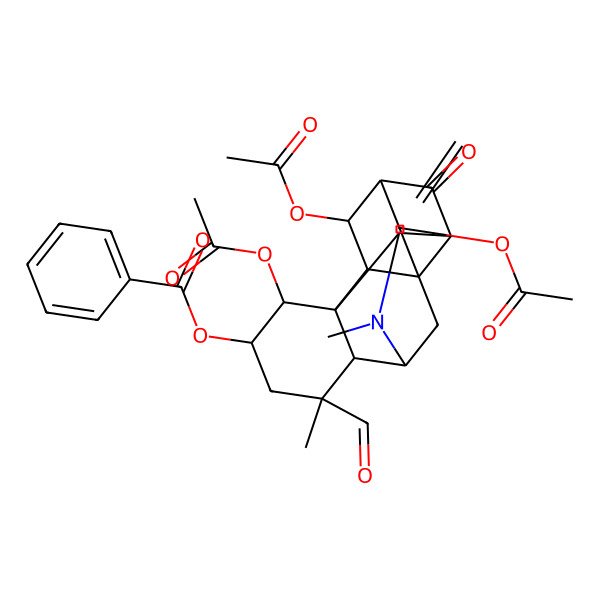 2D Structure of (4,16,18-Triacetyloxy-7-formyl-7,10-dimethyl-15-methylidene-13-oxo-10-azahexacyclo[7.7.1.12,14.01,12.03,8.03,11]octadecan-5-yl) benzoate