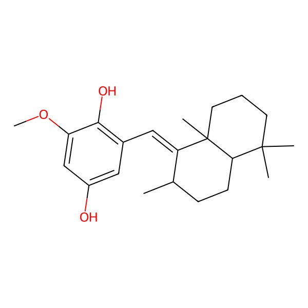 2D Structure of 2-[(E)-[(2S,4aS,8aS)-2,5,5,8a-tetramethyl-3,4,4a,6,7,8-hexahydro-2H-naphthalen-1-ylidene]methyl]-6-methoxybenzene-1,4-diol