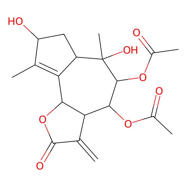 2D Structure of (5-acetyloxy-6,8-dihydroxy-6,9-dimethyl-3-methylidene-2-oxo-4,5,6a,7,8,9b-hexahydro-3aH-azuleno[4,5-b]furan-4-yl) acetate