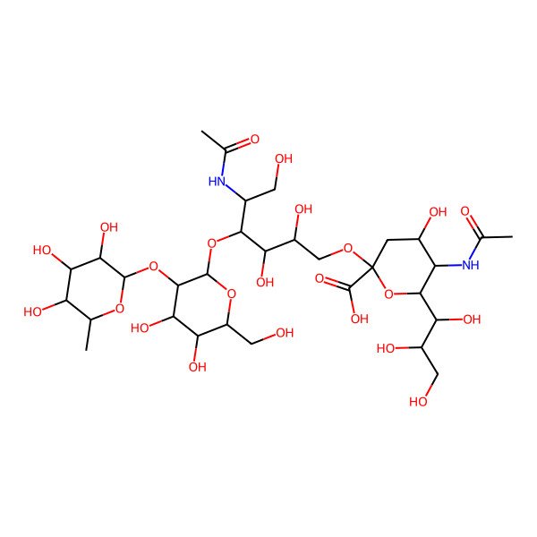 2D Structure of 5-Acetamido-2-[5-acetamido-4-[4,5-dihydroxy-6-(hydroxymethyl)-3-(3,4,5-trihydroxy-6-methyloxan-2-yl)oxyoxan-2-yl]oxy-2,3,6-trihydroxyhexoxy]-4-hydroxy-6-(1,2,3-trihydroxypropyl)oxane-2-carboxylic acid