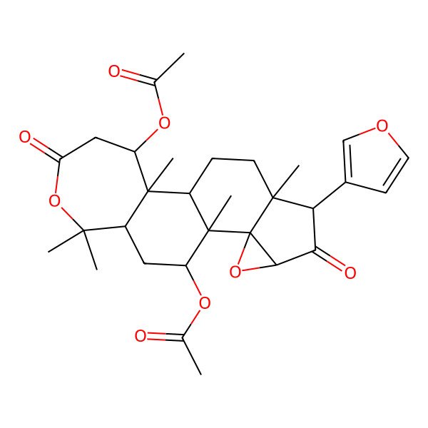 2D Structure of [(1R,2R,3S,8R,10R,11S,12R,14S,16S,17S)-3-acetyloxy-16-(furan-3-yl)-2,7,7,11,17-pentamethyl-5,15-dioxo-6,13-dioxapentacyclo[9.8.0.02,8.012,14.012,17]nonadecan-10-yl] acetate