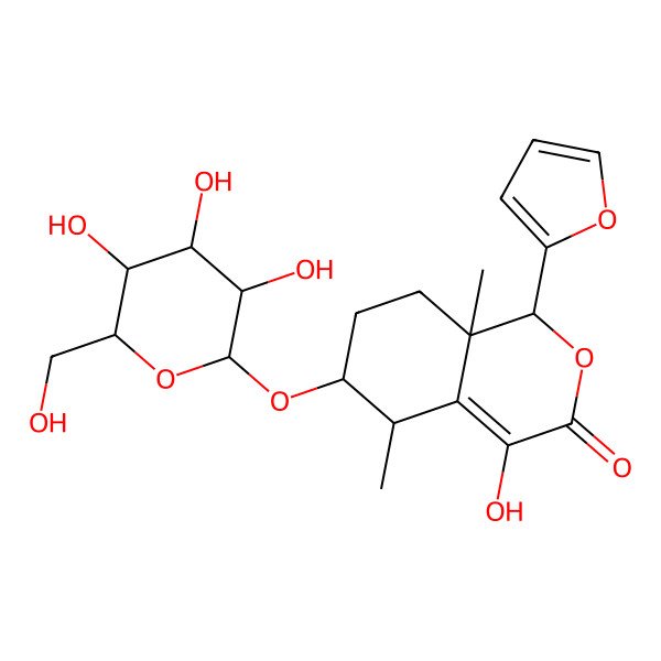 2D Structure of (1R,5S,6S,8aR)-1-(furan-2-yl)-4-hydroxy-5,8a-dimethyl-6-[(2R,3R,4S,5S,6R)-3,4,5-trihydroxy-6-(hydroxymethyl)oxan-2-yl]oxy-5,6,7,8-tetrahydro-1H-isochromen-3-one