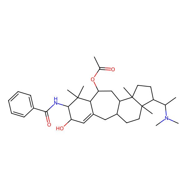 2D Structure of [6-Benzamido-15-[1-(dimethylamino)ethyl]-5-hydroxy-7,7,12,16-tetramethyl-9-tetracyclo[9.7.0.03,8.012,16]octadec-3-enyl] acetate