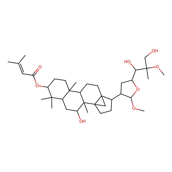 2D Structure of [15-[5-(1,3-Dihydroxy-2-methoxy-2-methylpropyl)-2-methoxyoxolan-3-yl]-3-hydroxy-2,6,6,10-tetramethyl-7-pentacyclo[12.3.1.01,14.02,11.05,10]octadecanyl] 3-methylbut-2-enoate