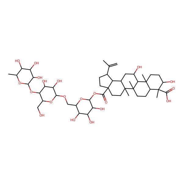 2D Structure of 3a-[6-[[3,4-Dihydroxy-6-(hydroxymethyl)-5-(3,4,5-trihydroxy-6-methyloxan-2-yl)oxyoxan-2-yl]oxymethyl]-3,4,5-trihydroxyoxan-2-yl]oxycarbonyl-9,12-dihydroxy-5a,5b,8,11a-tetramethyl-1-prop-1-en-2-yl-1,2,3,4,5,6,7,7a,9,10,11,11b,12,13,13a,13b-hexadecahydrocyclopenta[a]chrysene-8-carboxylic acid