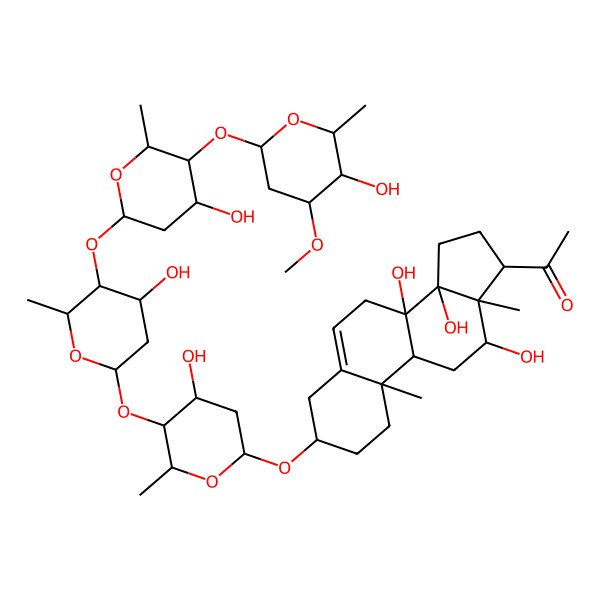 2D Structure of 1-[(3S,8S,9R,10R,12R,13S,14R,17S)-8,12,14-trihydroxy-3-[(2R,4S,5S,6R)-4-hydroxy-5-[(2S,4S,5S,6R)-4-hydroxy-5-[(2S,4S,5S,6R)-4-hydroxy-5-[(2S,4R,5R,6R)-5-hydroxy-4-methoxy-6-methyloxan-2-yl]oxy-6-methyloxan-2-yl]oxy-6-methyloxan-2-yl]oxy-6-methyloxan-2-yl]oxy-10,13-dimethyl-2,3,4,7,9,11,12,15,16,17-decahydro-1H-cyclopenta[a]phenanthren-17-yl]ethanone