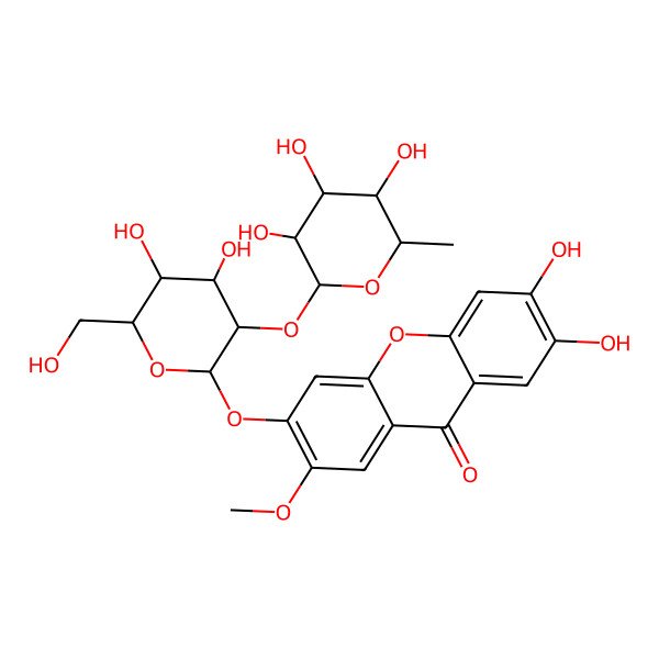 2D Structure of 6-[(2S,3R,4S,5S,6R)-4,5-dihydroxy-6-(hydroxymethyl)-3-[(2S,3R,4R,5R,6S)-3,4,5-trihydroxy-6-methyloxan-2-yl]oxyoxan-2-yl]oxy-2,3-dihydroxy-7-methoxyxanthen-9-one