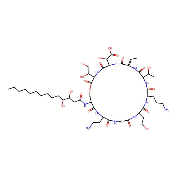 2D Structure of 2-[(3S,6S,9Z,12S,15S,18R,24R,27S)-24-(2-aminoethyl)-15-(3-aminopropyl)-3-[(1S)-1,2-dihydroxyethyl]-27-(3,4-dihydroxytetradecanoylamino)-9-ethylidene-12-[(1S)-1-hydroxyethyl]-18-(2-hydroxyethyl)-2,5,8,11,14,17,20,23,26-nonaoxo-1-oxa-4,7,10,13,16,19,22,25-octazacyclooctacos-6-yl]-2-hydroxyacetic acid
