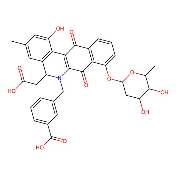 2D Structure of 3-[[(5S)-5-(carboxymethyl)-8-[(2S,4R,5R,6S)-4,5-dihydroxy-6-methyloxan-2-yl]oxy-1-hydroxy-3-methyl-7,12-dioxo-5H-benzo[b]phenanthridin-6-yl]methyl]benzoic acid