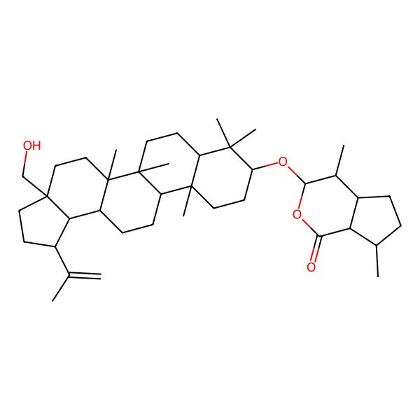 2D Structure of 3-[[3a-(hydroxymethyl)-5a,5b,8,8,11a-pentamethyl-1-prop-1-en-2-yl-1,2,3,4,5,6,7,7a,9,10,11,11b,12,13,13a,13b-hexadecahydrocyclopenta[a]chrysen-9-yl]oxy]-4,7-dimethyl-4,4a,5,6,7,7a-hexahydro-3H-cyclopenta[c]pyran-1-one