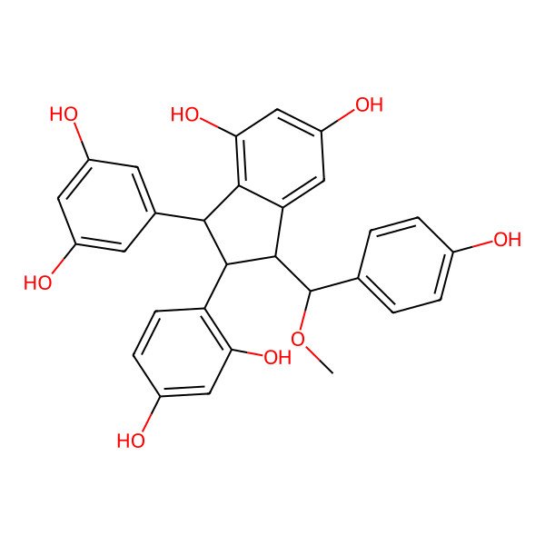 2D Structure of (1R,2S,3R)-2-(2,4-dihydroxyphenyl)-3-(3,5-dihydroxyphenyl)-1-[(R)-(4-hydroxyphenyl)-methoxymethyl]-2,3-dihydro-1H-indene-4,6-diol