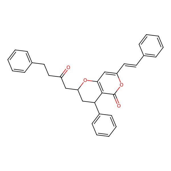 2D Structure of (2S,4R)-2-(2-oxo-4-phenylbutyl)-4-phenyl-7-[(E)-2-phenylethenyl]-3,4-dihydro-2H-pyrano[3,2-c]pyran-5-one