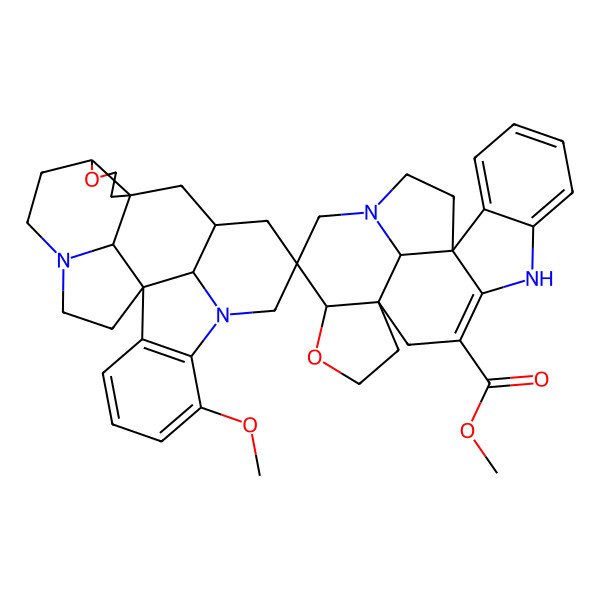 2D Structure of methyl (1R,11'R,12R,16S,17R,22R,24'S,25'R)-19'-methoxyspiro[15-oxa-8,19-diazahexacyclo[10.9.1.01,9.02,7.012,16.019,22]docosa-2,4,6,9-tetraene-17,15'-8-oxa-4,17-diazaheptacyclo[11.10.1.11,4.07,11.017,24.018,23.011,25]pentacosa-18(23),19,21-triene]-10-carboxylate