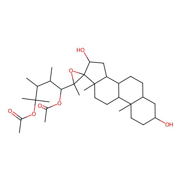 2D Structure of [(1R,2S,3S)-4-acetyloxy-1-[(2'S,3R,5S,8R,9S,10S,13S,14S,16S,17R)-3,16-dihydroxy-2',10,13-trimethylspiro[1,2,3,4,5,6,7,8,9,11,12,14,15,16-tetradecahydrocyclopenta[a]phenanthrene-17,3'-oxirane]-2'-yl]-2,3,4-trimethylpentyl] acetate