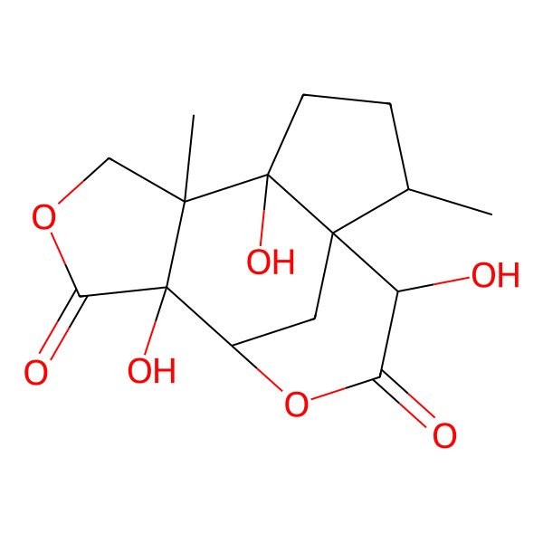 2D Structure of (1S,2R,5R,6S,10R,11S,14R)-5,10,14-trihydroxy-2,6-dimethyl-8,12-dioxatetracyclo[9.3.1.01,5.06,10]pentadecane-9,13-dione