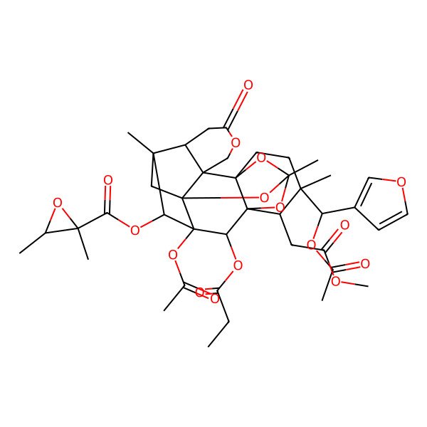 2D Structure of [(1R,3R,5S,8R,9R,10R,11S,12S,13S,14R,15S,20R)-12-acetyloxy-8-[(R)-acetyloxy(furan-3-yl)methyl]-9-(2-methoxy-2-oxoethyl)-3,8,14-trimethyl-17-oxo-11-propanoyloxy-2,4,18,22-tetraoxaheptacyclo[12.6.1.13,10.01,12.05,10.05,20.015,20]docosan-13-yl] (2R,3S)-2,3-dimethyloxirane-2-carboxylate