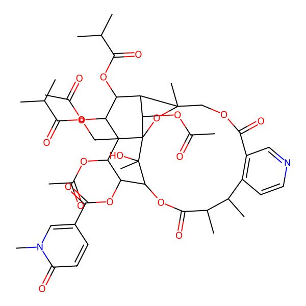 2D Structure of [(1S,3R,13S,14R,17S,18R,19R,20R,21S,22R,23R,24R,25S)-19,21,24-triacetyloxy-25-hydroxy-3,13,14,25-tetramethyl-22-(2-methylpropanoyloxy)-20-(2-methylpropanoyloxymethyl)-6,15-dioxo-2,5,16-trioxa-9-azapentacyclo[15.7.1.01,20.03,23.07,12]pentacosa-7(12),8,10-trien-18-yl] 1-methyl-6-oxopyridine-3-carboxylate