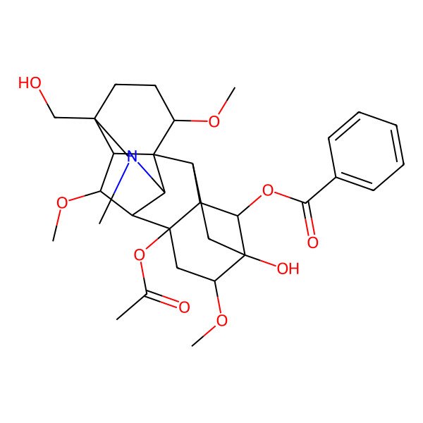 2D Structure of [8-Acetyloxy-5-hydroxy-13-(hydroxymethyl)-6,16,18-trimethoxy-11-methyl-11-azahexacyclo[7.7.2.12,5.01,10.03,8.013,17]nonadecan-4-yl] benzoate