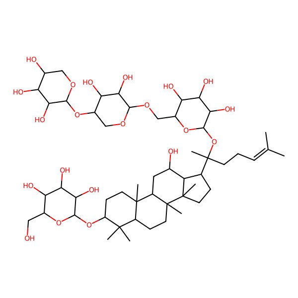 2D Structure of (2R,3R,4S,5S,6R)-2-[[(3S,5R,8R,9R,10R,12R,13R,14R,17S)-17-[(2S)-2-[(2S,3R,4S,5S,6R)-6-[[(2R,3S,4R,5R)-3,4-dihydroxy-5-[(2S,3R,4S,5R)-3,4,5-trihydroxyoxan-2-yl]oxyoxan-2-yl]oxymethyl]-3,4,5-trihydroxyoxan-2-yl]oxy-6-methylhept-5-en-2-yl]-12-hydroxy-4,4,8,10,14-pentamethyl-2,3,5,6,7,9,11,12,13,15,16,17-dodecahydro-1H-cyclopenta[a]phenanthren-3-yl]oxy]-6-(hydroxymethyl)oxane-3,4,5-triol