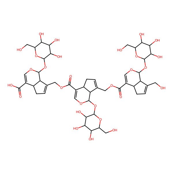2D Structure of (1S,4aS,7aS)-7-[[(1S,4aS,7aS)-7-[[(1S,4aS,7aS)-7-(hydroxymethyl)-1-[(2S,3R,4S,5S,6R)-3,4,5-trihydroxy-6-(hydroxymethyl)oxan-2-yl]oxy-1,4a,5,7a-tetrahydrocyclopenta[c]pyran-4-carbonyl]oxymethyl]-1-[(2S,3R,4S,5S,6R)-3,4,5-trihydroxy-6-(hydroxymethyl)oxan-2-yl]oxy-1,4a,5,7a-tetrahydrocyclopenta[c]pyran-4-carbonyl]oxymethyl]-1-[(2S,3R,4S,5S,6R)-3,4,5-trihydroxy-6-(hydroxymethyl)oxan-2-yl]oxy-1,4a,5,7a-tetrahydrocyclopenta[c]pyran-4-carboxylic acid