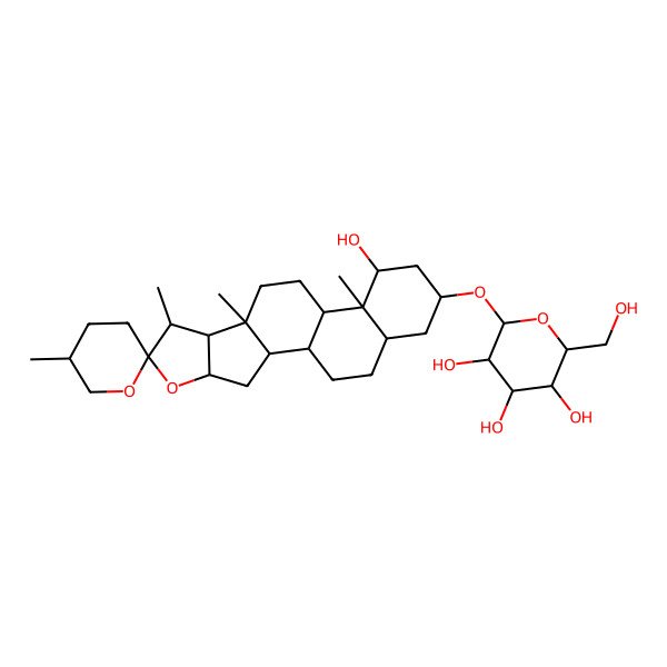 2D Structure of 2-(Hydroxymethyl)-6-(14-hydroxy-5',7,9,13-tetramethylspiro[5-oxapentacyclo[10.8.0.02,9.04,8.013,18]icosane-6,2'-oxane]-16-yl)oxyoxane-3,4,5-triol
