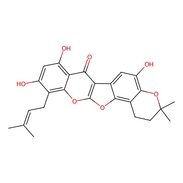 2D Structure of 5,7,20-Trihydroxy-17,17-dimethyl-8-(3-methylbut-2-enyl)-10,12,18-trioxapentacyclo[11.8.0.02,11.04,9.014,19]henicosa-1(21),2(11),4,6,8,13,19-heptaen-3-one