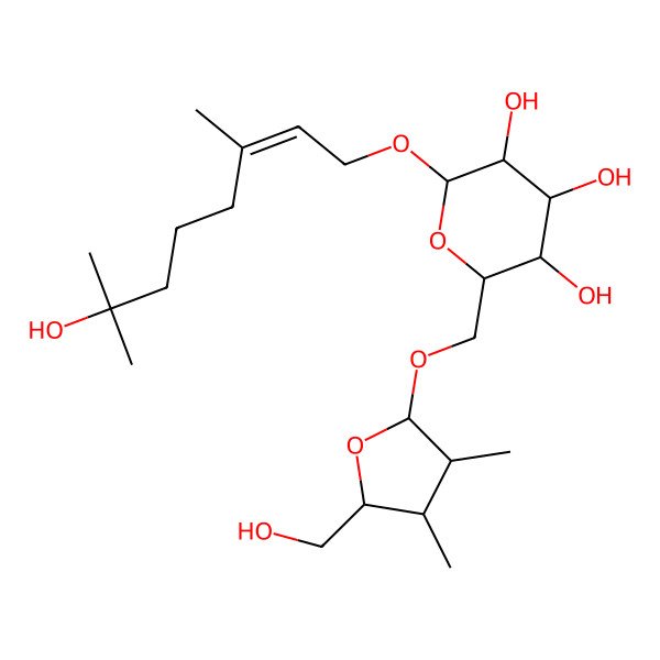 2D Structure of (2R,3R,4S,5S,6R)-2-[(E)-7-hydroxy-3,7-dimethyloct-2-enoxy]-6-[[(2R,3R,4R,5R)-5-(hydroxymethyl)-3,4-dimethyloxolan-2-yl]oxymethyl]oxane-3,4,5-triol