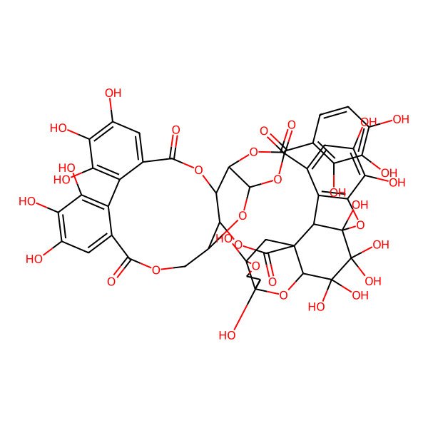 2D Structure of (1,2,2,3,3,7,10,21,22,23,26,27,28,42,43-Pentadecahydroxy-13,18,31,39-tetraoxo-5,9,14,17,32,35,38,47-octaoxadecacyclo[42.2.1.04,12.06,10.012,46.015,34.016,37.019,24.025,30.040,45]heptatetraconta-19,21,23,25,27,29,40,42,44-nonaen-36-yl) 2,3,4-trihydroxybenzoate