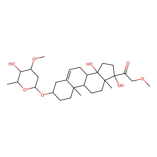 2D Structure of 1-[14,17-dihydroxy-3-(5-hydroxy-4-methoxy-6-methyloxan-2-yl)oxy-10,13-dimethyl-2,3,4,7,8,9,11,12,15,16-decahydro-1H-cyclopenta[a]phenanthren-17-yl]-2-methoxyethanone