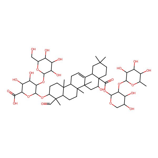 2D Structure of (2S,3S,4S,5R,6R)-6-[[(3S,4S,4aR,6aR,6bS,8R,8aR,12aS,14aR,14bR)-8a-[(2S,3R,4S,5S)-4,5-dihydroxy-3-[(2S,3R,4R,5R,6S)-3,4,5-trihydroxy-6-methyloxan-2-yl]oxyoxan-2-yl]oxycarbonyl-4-formyl-8-hydroxy-4,6a,6b,11,11,14b-hexamethyl-1,2,3,4a,5,6,7,8,9,10,12,12a,14,14a-tetradecahydropicen-3-yl]oxy]-3,4-dihydroxy-5-[(2S,3R,4S,5R,6R)-3,4,5-trihydroxy-6-(hydroxymethyl)oxan-2-yl]oxyoxane-2-carboxylic acid