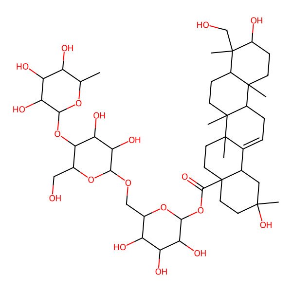 2D Structure of [6-[[3,4-Dihydroxy-6-(hydroxymethyl)-5-(3,4,5-trihydroxy-6-methyloxan-2-yl)oxyoxan-2-yl]oxymethyl]-3,4,5-trihydroxyoxan-2-yl] 2,10-dihydroxy-9-(hydroxymethyl)-2,6a,6b,9,12a-pentamethyl-1,3,4,5,6,6a,7,8,8a,10,11,12,13,14b-tetradecahydropicene-4a-carboxylate